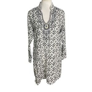 Barbara Gerwit Linen Tunic Top Black‎ White Embroidery Beaded Golden Girl Small